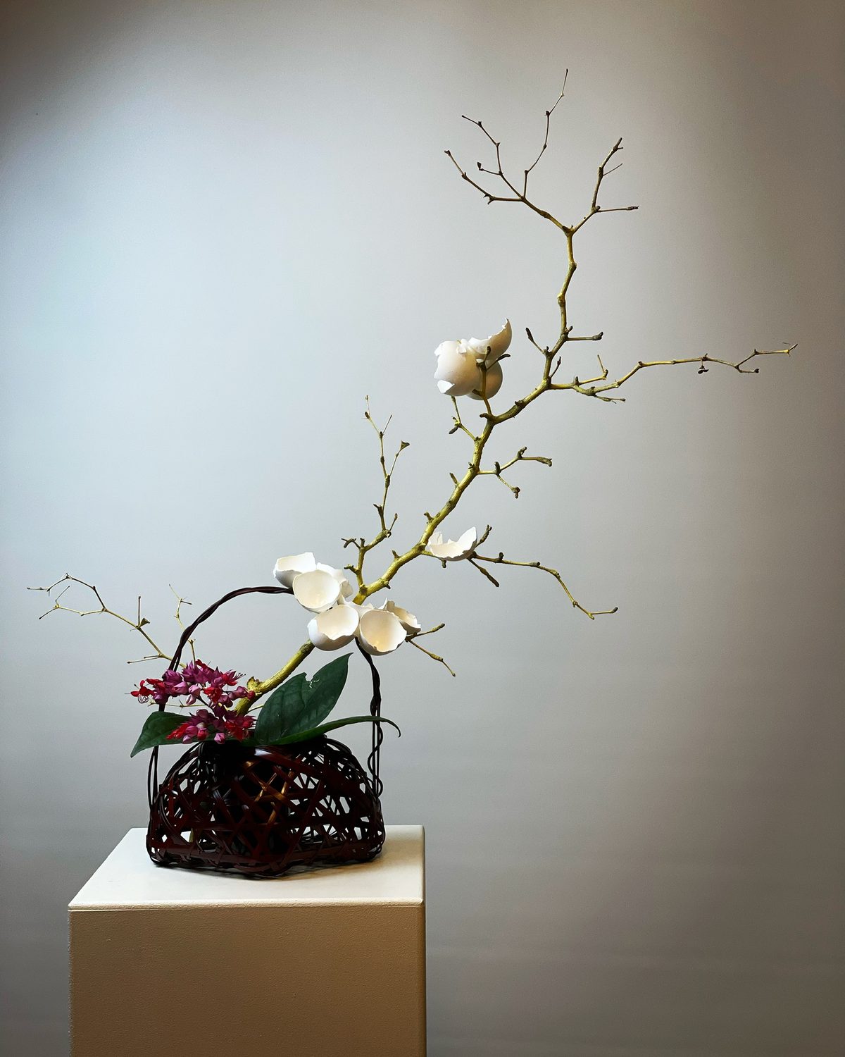 Bare branches set with porcelain eggshell blossoms rising from a dark woven basket, a single spray of crimson clerodendrum below.