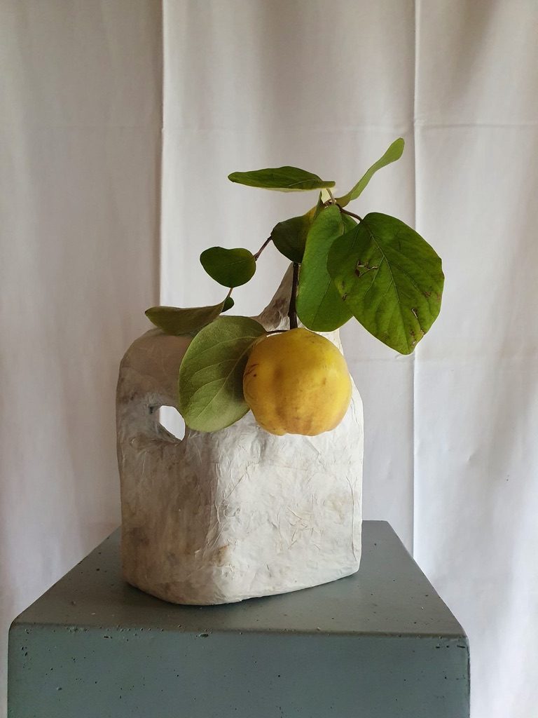 Chabana · pear & a self-made paper-mâché container