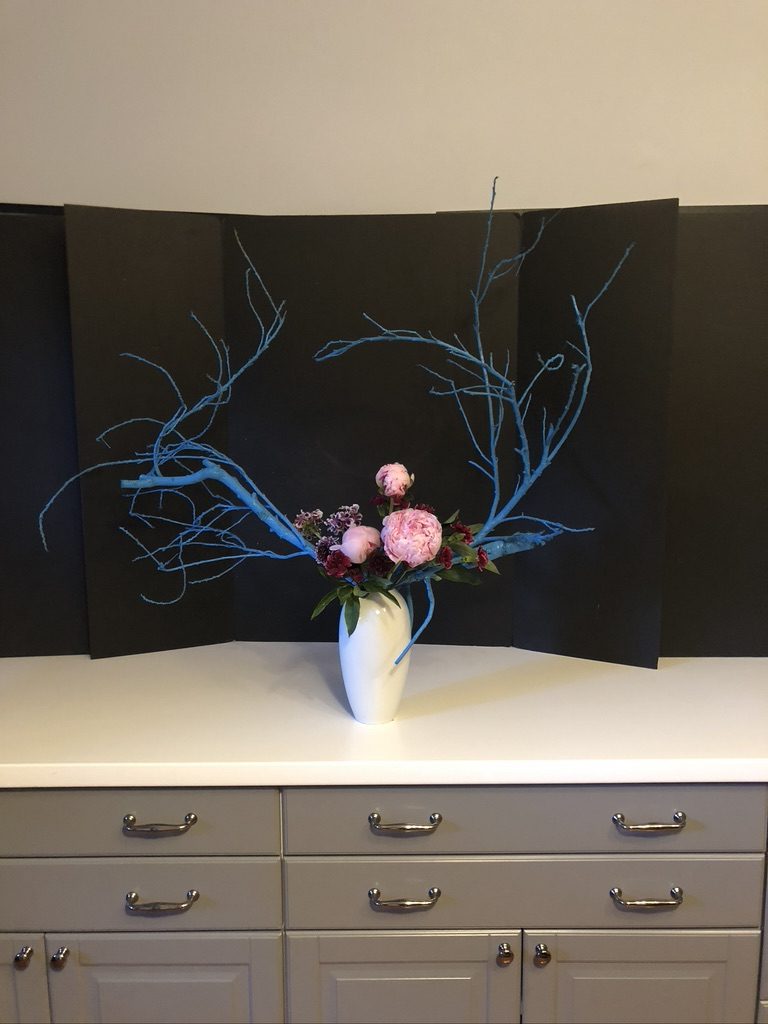 Peony, scabiosa, dianthus, schefflera & dried colored branches
