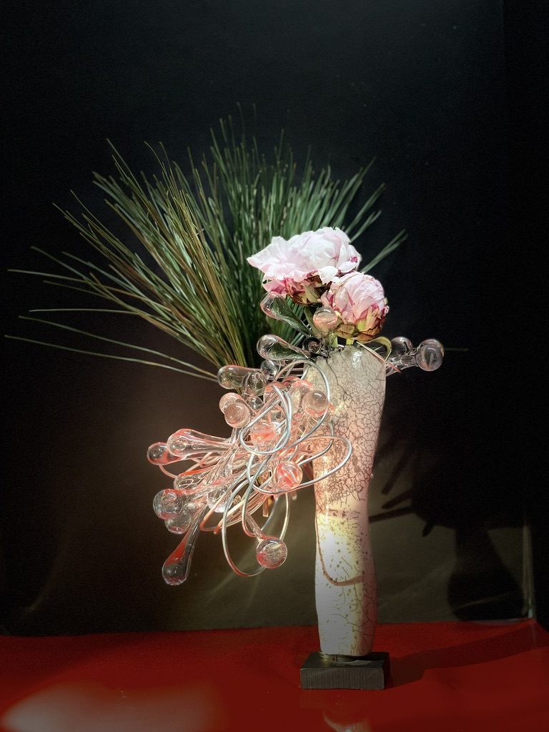 Peony, pine, glass drops & wire · sculpture by Tiffany Adams